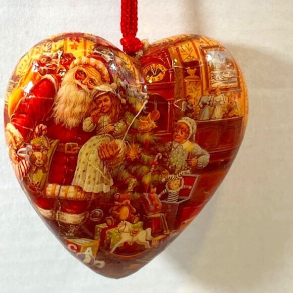 VTG Christmas Paper Mache Heart Santa Toys Children Holiday Ornament 3.5" - Picture 2 of 9